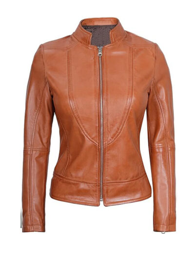 Women’s Vintage Retro Moto Biker Tan Brown Leather Jacket