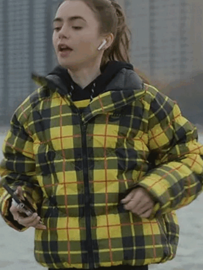 Lily Collins Emily In Paris Yellow and Black Plaid Jacket