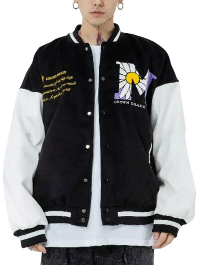 Daisy Blossom Black Wool Varsity Jacket