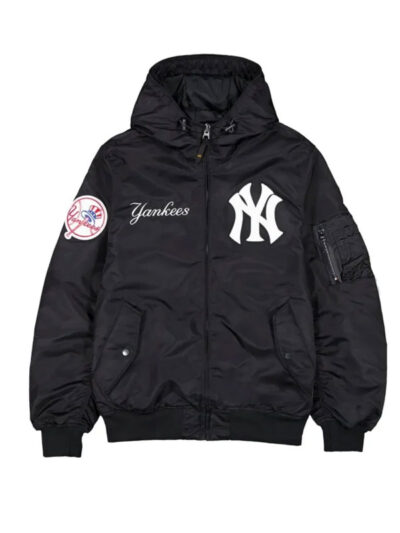 MLB New York Yankees Hooded Black Bomber Jacket
